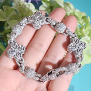 Bling Icy Four-Leaf Clover Bracelets,Iced Out Round Bead Diamond Bracelets,Hip Hop Bracelet for Men,Stunning Gift for Him,Infinity Bracelet