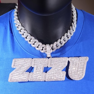 Iced Out Custom Big Bold Oblique Letter Pendant Necklace: Cuban Link Chain,Hip Hop Jewelry