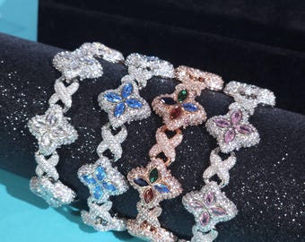 19MM Cross Infinity Charm Cuban Link Bracelet,5A White Blue Pink CZ Diamond Prong Four-Leaf Bracelets,Iced Out Silver Bracelet,Rapper Gifts