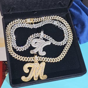Iced Out VVS Clarity Diamond Initial Pendant Necklace: Cuban Link Chain