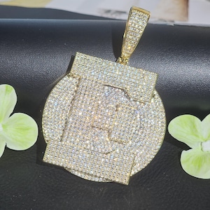 Iced Out Round Plate Initial Pendant Necklace: Hip Hop Diamond Letter Jewelry,Solid Back,Birthday Gift