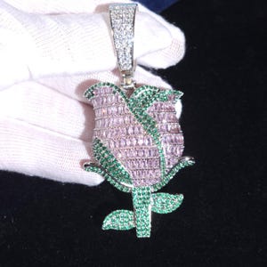 Iced Out Bling Rose Flower Pendant,VVS Pink&Green Diamond Rose Charm Necklace,Hip Hop Silver Jewelry,Cuban Chain,Personalised Gifts for Her