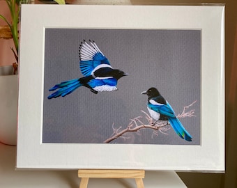 Magpies “Two For Joy” coloured pencil drawing PRINT, 8” x 10” window mounted. Wildlife Corvid Natural World Artwork