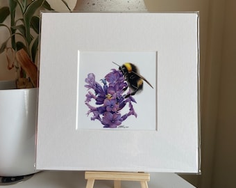 Bumble Bee and Lavender Mounted Square Print 8”x8” British Wildlife Coloured Pencil Drawing