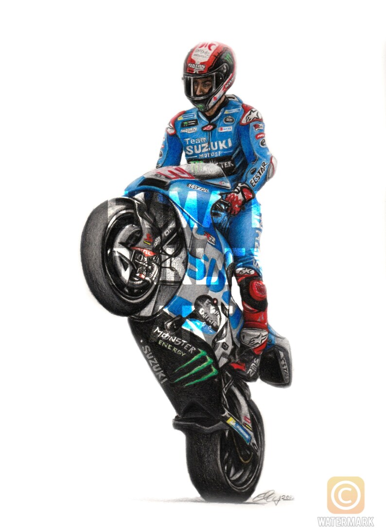 Alex Rins 10 X 8 Mounted Coloured Pencil Print Wheelie Suzuki Motogp - Etsy