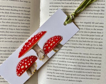 Fly Agaric Mushroom Bookmark with Moss Coloured tassel. Coloured Pencil Drawing Bookmark Print