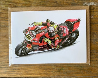 Alvaro Bautista Blank Greetings Card. Coloured Pencil drawing, Aruba.IT Ducati WorldSBK