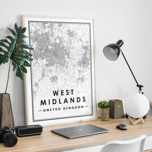 WEST MIDLANDS UK carte minimaliste scandinave décoration de la maison nordique, salon, chambre à coucher, impression d’œuvres d’art de cuisine Impressions de cartes