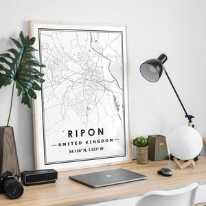 RIPON UK Karte druckt minimale skandinavische nordische Dekoration, Wohnzimmer, Schlafzimmer, Küche Kunstwerk