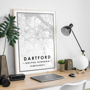 DARTFORD UK Karte Druck minimalistische skandinavische Dekoration für Wohnzimmer, Schlafzimmer, Küche und Wohnzimmer