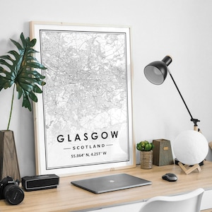 Glasgow Écosse carte minimaliste scandinave décoration de la maison nordique, salon, chambre à coucher, impression d’œuvres d’art de cuisine