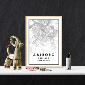AALBORG DÄNEMARK Wandbild Karte für Wohnzimmer, Schlafzimmer, Küche im skandinavischen Stil