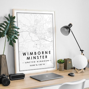 WIMBORNE MINSTER UK Landkarte minimalistische skandinavische Wohndekoration, Wohnzimmer, Schlafzimmer, Küche als Kunstdruck