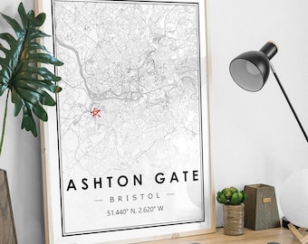 ASHTON GATE BRISTOL city Portrait map minimal Football club home decoration, Soccer Living room, bedroom,  artwork print Map Prints