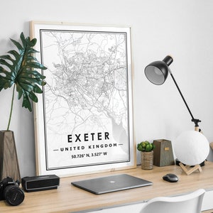 Impression de carte d'Exeter au Royaume-Uni, décoration minimaliste scandinave et nordique, impression d'oeuvres d'art pour le salon, la chambre et la cuisine