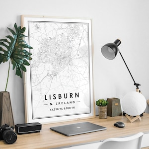 LISBURN IRLANDE DU NORD, carte minimaliste scandinave, décoration de la maison nordique, impression d'oeuvres d'art pour le salon, la chambre et la cuisine Impressions de cartes