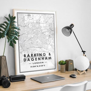 Impressions de carte du Royaume-Uni BARKING & DAGENHAM minimalisme scandinave, décoration d'intérieur nordique et impression d'oeuvres d'art pour le salon, la chambre et la cuisine
