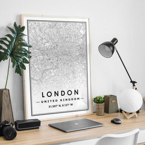 Carte de LONDRES UK Imprimer décoration minimaliste scandinave nordique pour la maison, salon, chambre à coucher, impression d'œuvres d'art de cuisine