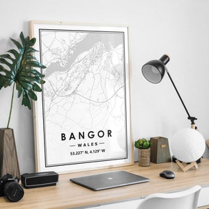 El mapa de BANGOR WALES imprime una decoración minimalista del hogar nórdico escandinavo, sala de estar, dormitorio, impresión de obras de arte de cocina