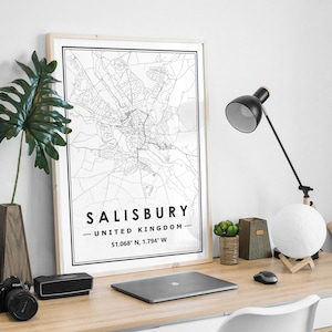 SALISBURY UK carte minimaliste scandinave décoration de la maison nordique, salon, chambre à coucher, cuisine impression d'art Map Prints