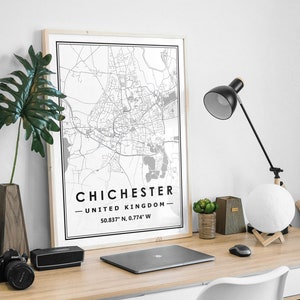 CHICHESTER UK carte minimaliste scandinave décoration de la maison nordique, salon, chambre à coucher, impression d’œuvres d’art de cuisine