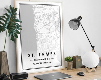 ST JAMES BARBADOS  map minimal Scandinavian Nordic home decoration, Living room, bedroom, kitchen artwork print