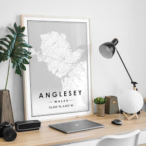 ANGLESEY WALES carte minimaliste scandinave décoration de la maison nordique, salon, chambre à coucher, impression d’œuvres d’art de cuisine