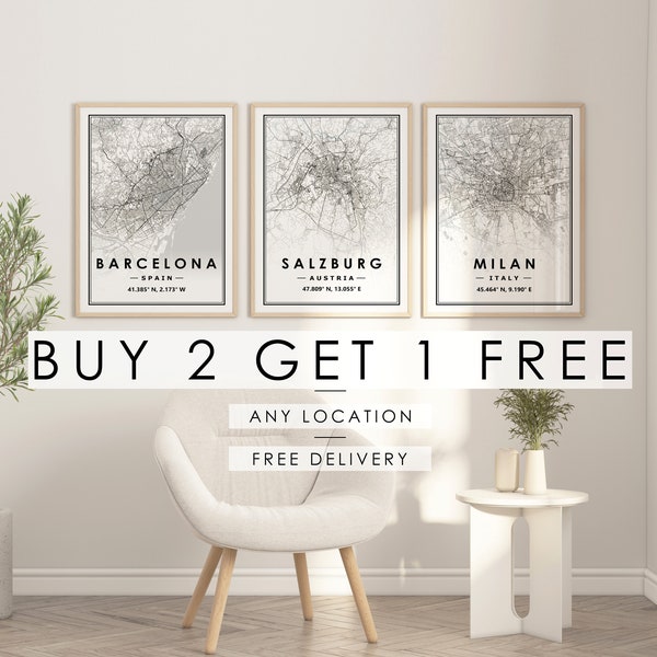 CITY MAP PRINTS 3 for 2 unframed  map minimal Scandinavian Nordic home decoration, Living room, bedroom artwork