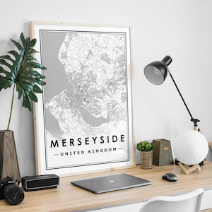 MERSEYSIDE UK mapa minimalista decoración nórdica escandinava del hogar, sala de estar, dormitorio, impresión de obras de arte de cocina