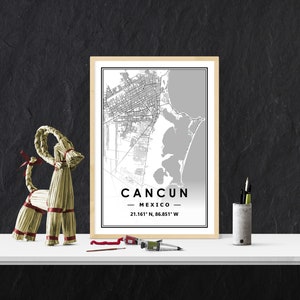 CANCUN, MEXIQUE, carte minimaliste scandinave, décoration de la maison nordique, impression d'oeuvres d'art pour le salon, la chambre et la cuisine, impressions de carte