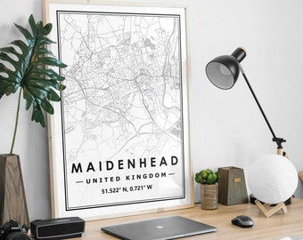 MAIDENHEAD UK  map minimal Scandinavian Nordic home decoration, Living room, bedroom, kitchen artwork print Map Prints