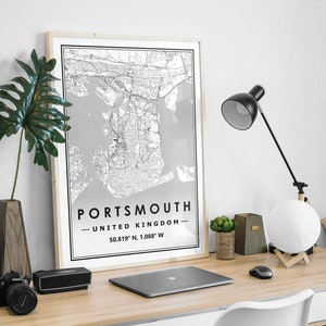 Carte de Portsmouth UK décoration minimaliste scandinave nordique pour la maison, salon, chambre à coucher, impression d'œuvres d'art de cuisine