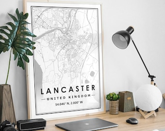 LANCASTER UK  map prints minimal Scandinavian Nordic home decoration, Living room, bedroom, kitchen artwork print