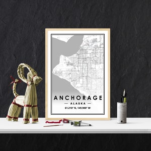 ANCHORAGE USA Karte Druck minimale skandinavische nordische Dekoration, Wohnzimmer, Schlafzimmer, Küche Kunstwerk Druck