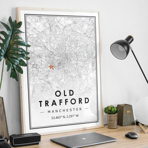 OLD TRAFFORD MANCHESTER Portrait Karte minimal Football Club Dekoration, Fussball Karte für Wohnzimmer, Schlafzimmer, Kunstdruck