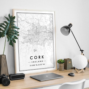 Mapa de Cork Irlanda decoración minimalista del hogar nórdico escandinavo, sala de estar, dormitorio, impresión de obras de arte de cocina Impresiones de mapas