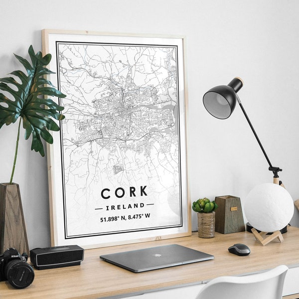 Cork Ireland  map minimal Scandinavian Nordic home decoration, Living room, bedroom, kitchen artwork print Map Prints
