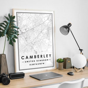 CAMBERLEY UNITED KINGDOM Landkarte minimalistische skandinavische Dekoration für Wohnzimmer, Schlafzimmer, Küche