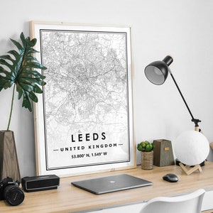 Carte de Leeds, Royaume-Uni, impression minimaliste scandinave, décoration d'intérieur nordique, salon, chambre et impression d'oeuvres d'art de cuisine