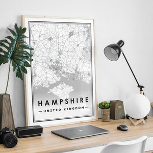 HAMPSHIRE Reino Unido mapa minimalista decoración nórdica escandinava del hogar, sala de estar, dormitorio, impresión de obras de arte de cocina Impresiones de mapas