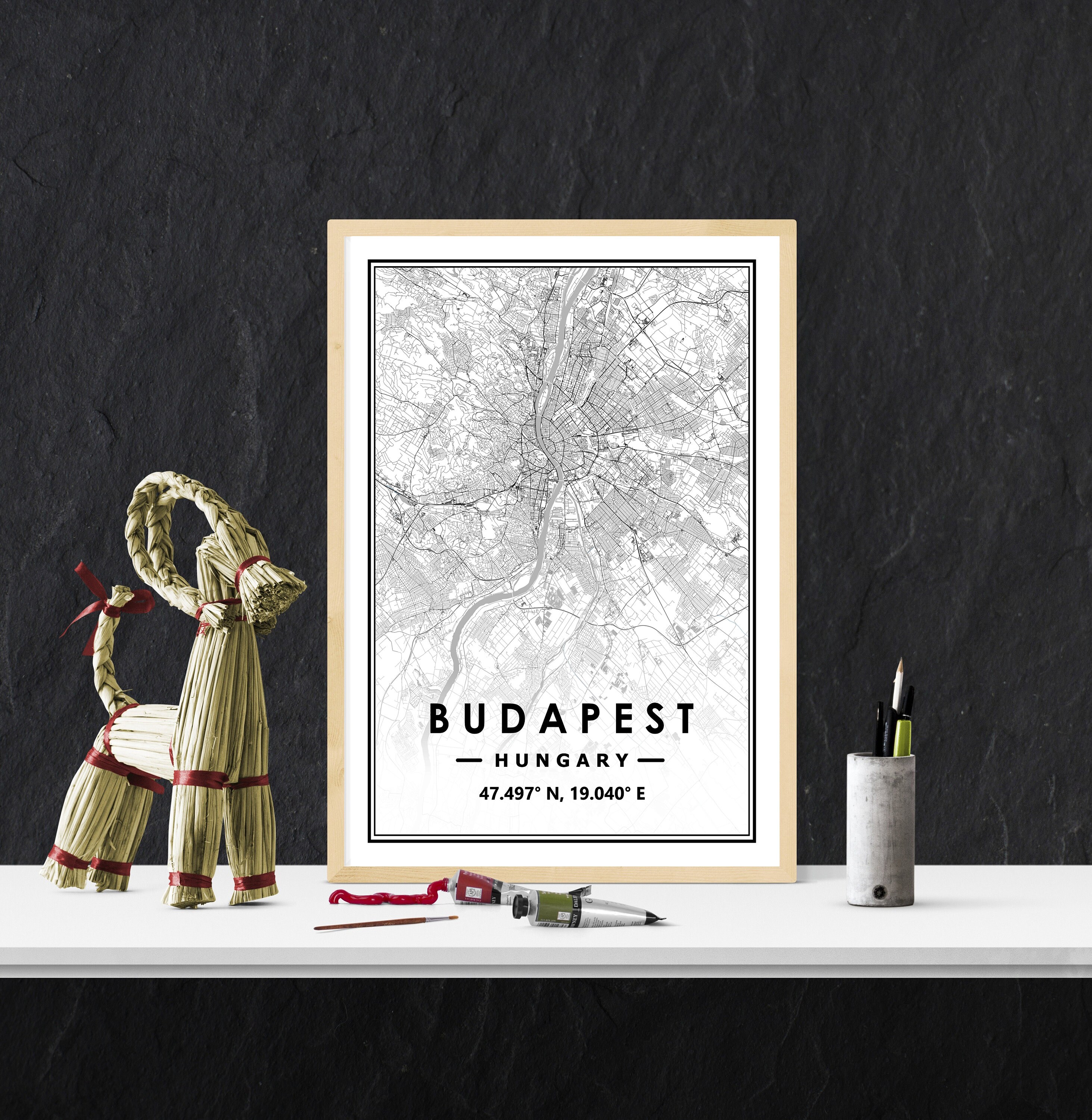 BUDAPEST HUNGARY  map minimal Scandinavian Nordic home decoration, Living room, bedroom, kitchen artwork print