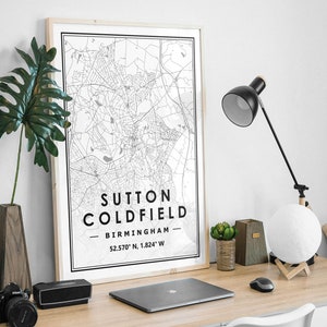 SUTTON COLDFIELD Royaume-Uni, carte minimaliste scandinave nordique, décoration de la maison, impression d'oeuvres d'art pour le salon, la chambre et la cuisine, impressions de cartes
