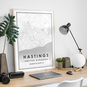 HAASTINGS UK Karte minimalistische skandinavische Wohndekoration fürs Wohnzimmer, Schlafzimmer, Küche