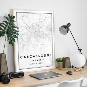 CARCASSONNE FRANCE Karte minimale skandinavische nordische Dekoration, Wohnzimmer, Schlafzimmer, Küche Kunstwerk Druck