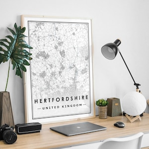 HERTFORDSHIRE UK Landkarte minimalistische skandinavische Dekoration für Wohnzimmer, Schlafzimmer, Küche und Wohnzimmer