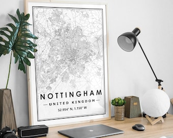 Nottingham UK Landkarte minimalistische Dekoration für Zuhause, Wohnzimmer, Schlafzimmer, Küche als Kunstdruck