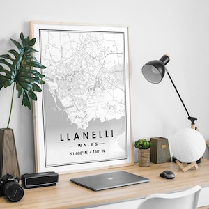 LLANELLI WALES Karte minimale skandinavische nordische Dekoration, Wohnzimmer, Schlafzimmer, Küche Kunstwerk Karte Drucke