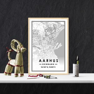 AARHUS DENMARK Karte minimale skandinavische nordische Hauptdekoration, Wohnzimmer, Schlafzimmer, Küchenkunstdruck