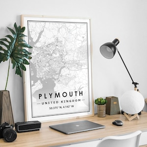 Plymouth UK Karte druckt minimale skandinavische nordische Heimdekoration, Wohnzimmer, Schlafzimmer, Küchenkunstdruck