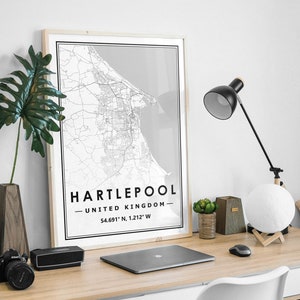 HARTLEPOOL Royaume-Uni, carte minimaliste scandinave, décoration d'intérieur nordique, impression d'oeuvres d'art pour le salon, la chambre et la cuisine